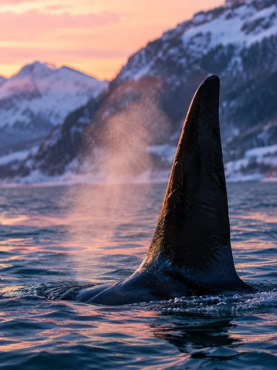 Die hohe Rückenflosse eines männlichen Orcas, die durch das tiefblaue Wasser eines Fjords nahe Skjervøy schneidet