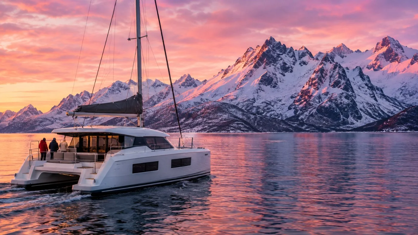 Ein weißer Katamaran segelt an den schneebedeckten Lyngenalpen vorbei im rosafarbenen Winterdämmerlicht